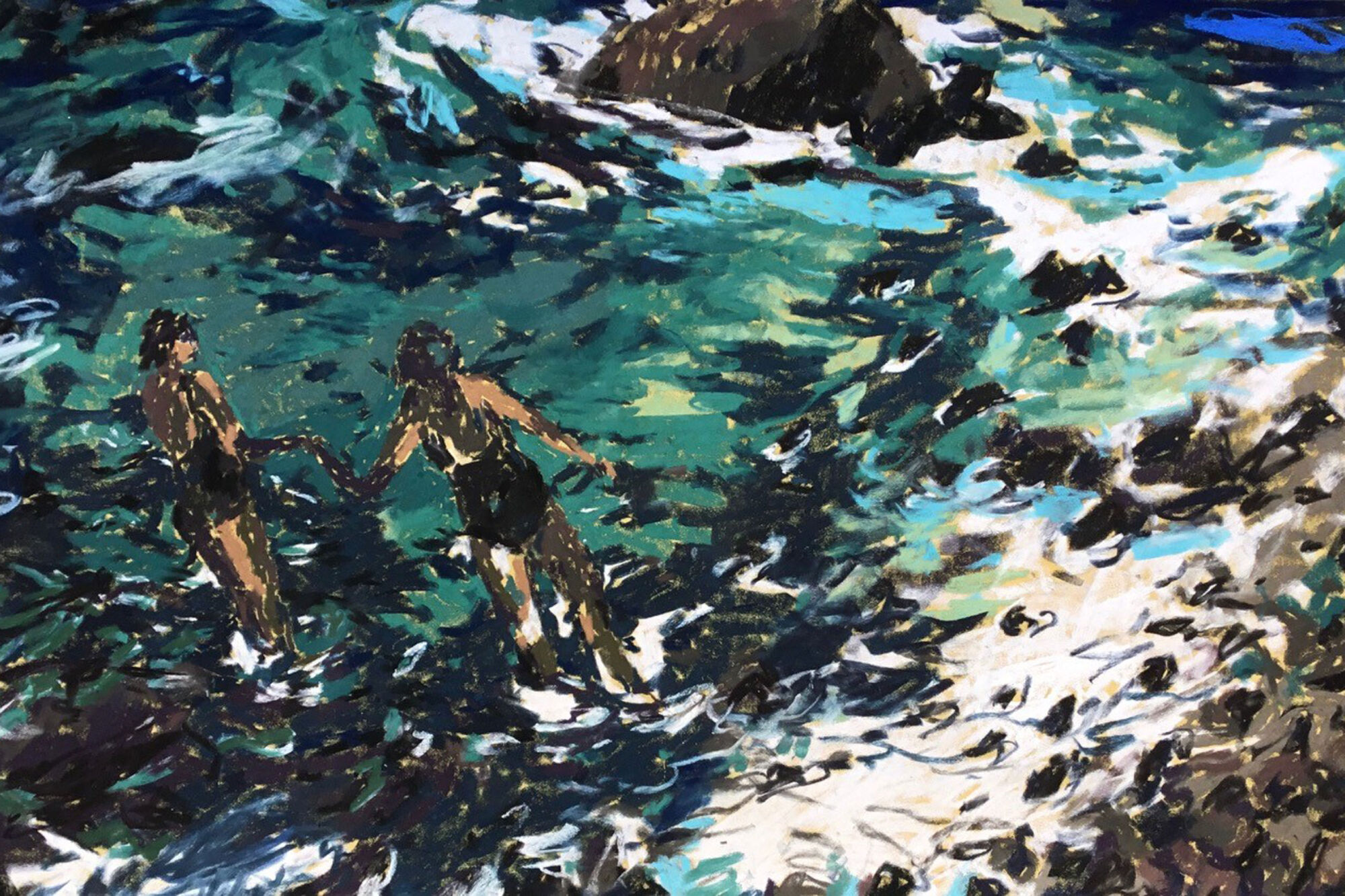 The Wick - Two swimmers, Tyga Helme
Chalk pastel on paper
 70 x 39cm