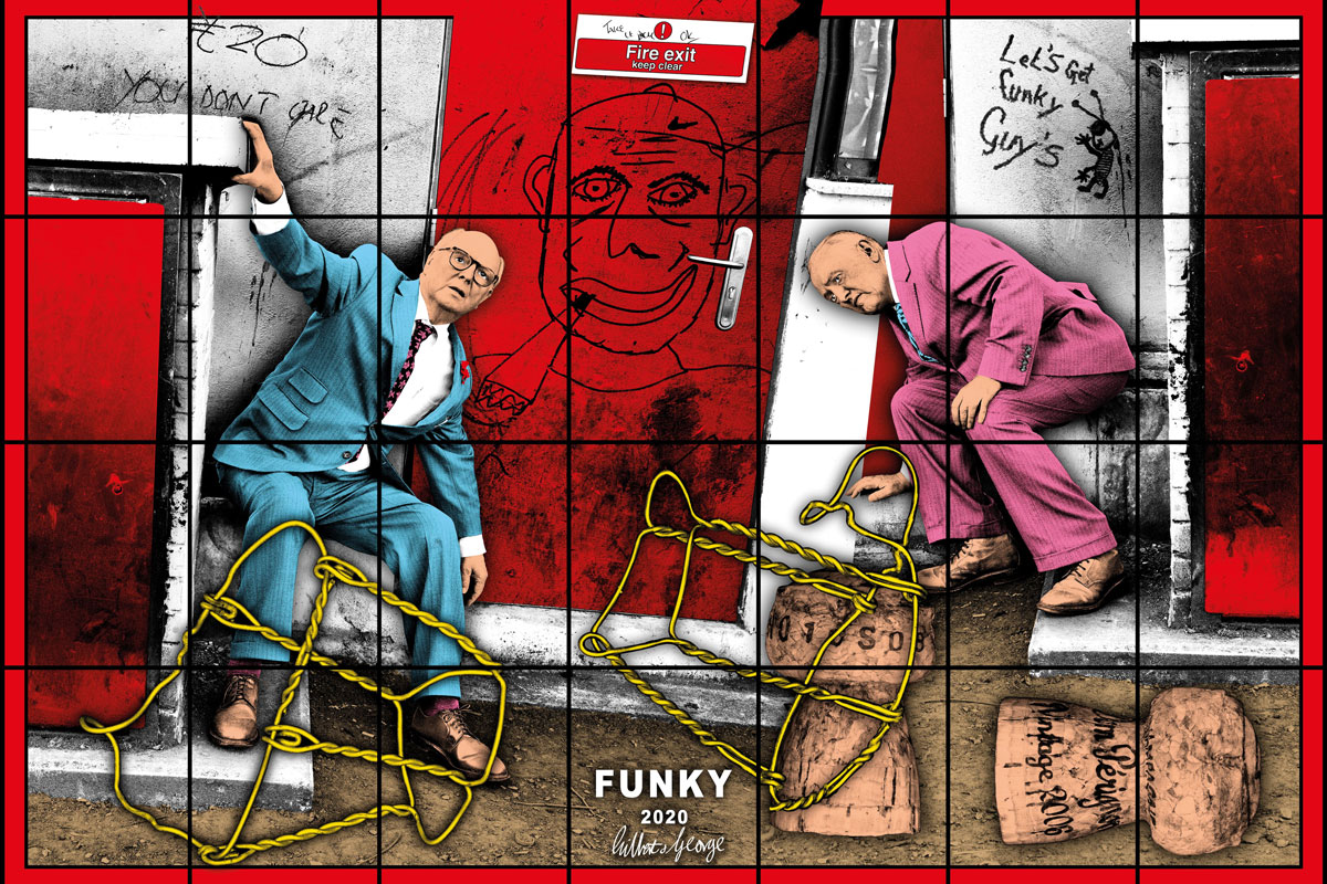 The Wick - Gilbert & George
FUNKY
2020
302 x 444 cm | 118 7/8 x 174 13/16 in.
© Gilbert & George
Courtesy White Cube