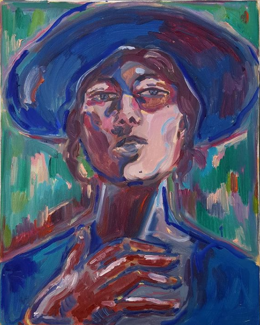 The Wick - Self portrait with a wide brimmed hat and glove, oil on canvas, 50cm x 40cm, 2020
