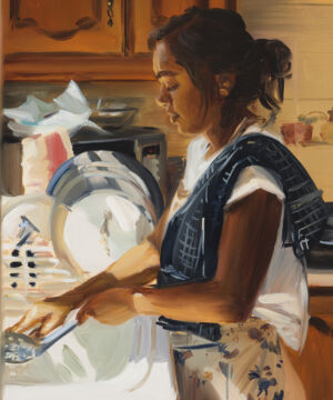 The Wick - Caroline Walker, 'Lisa Washing Dishes', 2021. Oil on board, 45 x 36cm (17 3/4 x 14 1/8in). Copyright Caroline Walker. Courtesy the artist; Stephen Friedman Gallery, London and GRIMM, Amsterdam | New York. Photo by Peter Mallet.