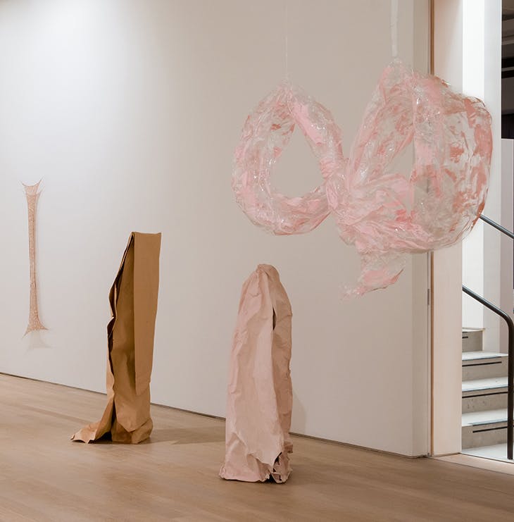 The Wick - Installation view of ‘Karla Black: sculptures 2001–2021’, in the new warehouse space at Fruitmarket, Edinburgh, 2021. Photo: Tom Nolan