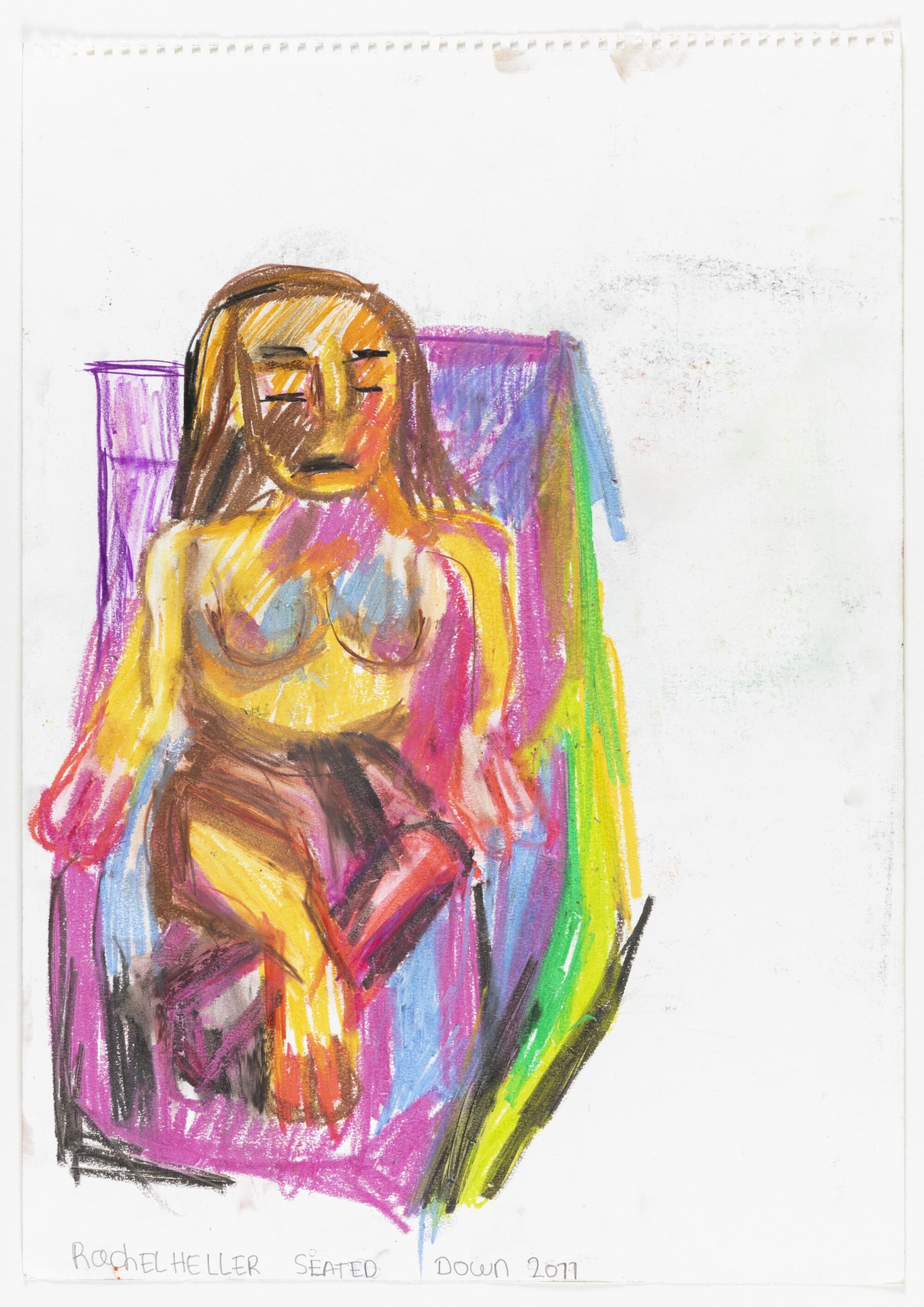 The Wick - Rachel Heller, Seated Down, 2011, crayon on paper, 59 x 42 cm, courtesy of Flowers Gallery