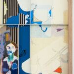 A painting depicting a woman alongside various shapes and patterns, showcased at Sadie Coles gallery.