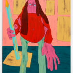 A colourful painting depicting a man holding a large pencil, with hues of orange, pink, green, and blue.