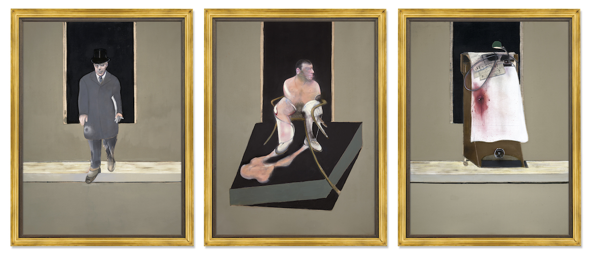 The Wick - FRANCIS BACON (1909-1992)  
Triptych 1986-7   
Signed, titled and dated (on the reverse) 
oil, pastel, aerosol paint and dry transfer lettering on canvas   
each: 78 x 58in. (198 x 147.5cm)   
Executed in 1986-1987 