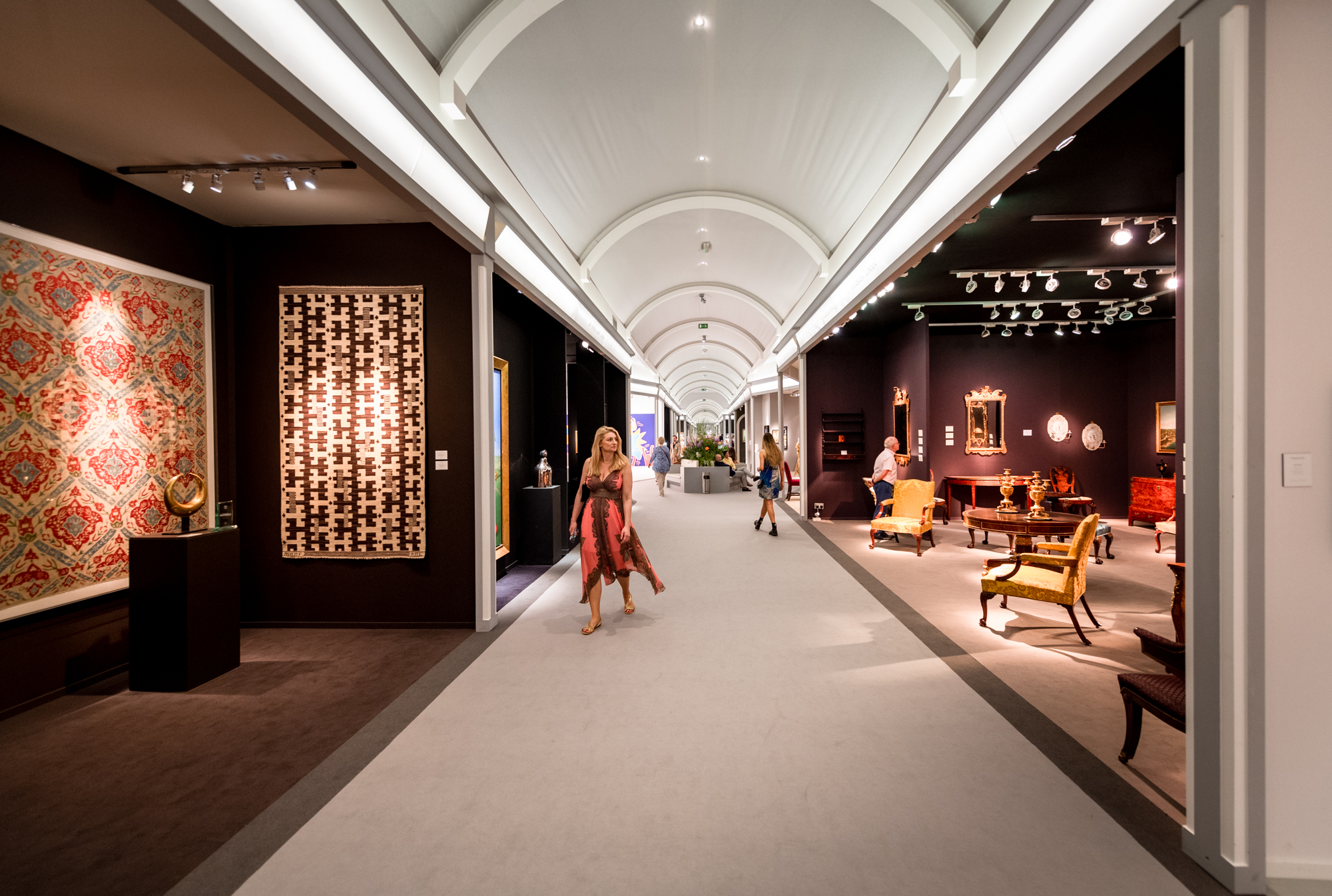 The Wick Culture - Aisle view of Afridi Gallery and Rolleston at Masterpiece London 2019, photography Ben Fisher, Courtesy Masterpiece London