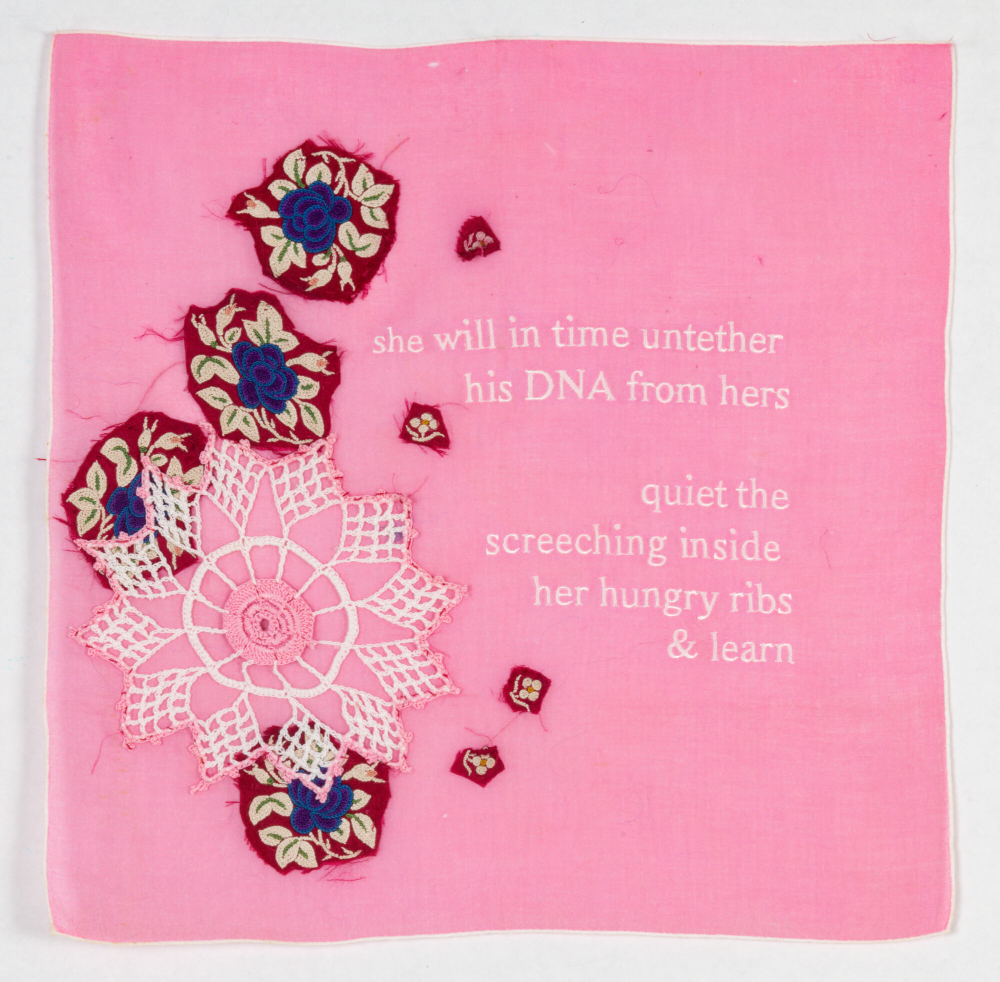 The Wick - Zoë Buckman, her hungry ribs, 2022 embroidery on vintage textiles 31.8 x 31.8 cm, 12 1/2 x 12 1/2 in.  Photographer: Adam Reich