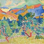 A vibrant painting by André Derain depicting trees in the foreground with distant mountains under a colourful sky.