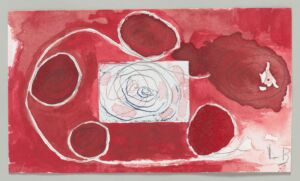 The Wick - Louise Bourgeois
Untitled (Orbits and Gravity) 
2009 
Etching, watercolor, coloured pencil on paper 
14 x 24.1 cm / 5 ½  x 9 ½ in 
Photo: Peter Butler
© The Easton Foundation / Licensed by VAGA at ARS, NY and DACS, London 2022
