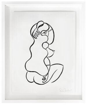 The Wick - Saira Jamieson, woman combing hair. Framed Indian ink