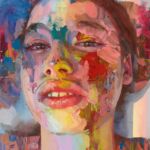 A vibrant painting by Jenny Saville depicting a woman with a strikingly colourful face, showcasing bold artistic expression.