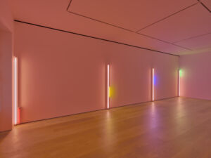 The Wick - Installation view, Dan Flavin: colored fluorescent light, David Zwirner, London, 12 January – 18 February, 2023. Copyright the artist. Photo: Anna Arca. Courtesy David Zwirner