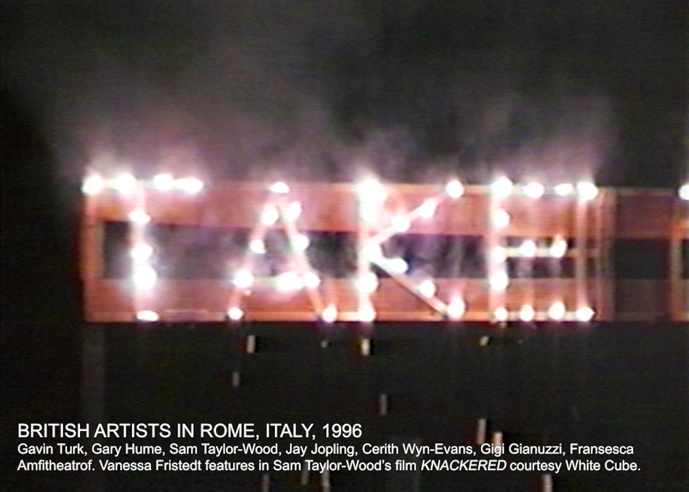 The Wick Culture - Vanessa Fristedt, still details: BRITISH ARTISTS IN ROME, ITALY, 1996 Gavin Turk, Gary Hume, Sam Taylor-Wood, Jay Jopling, Cerith Wyn-Evans, Gigi Gianuzzi, Fransesca Amfitheatrof. Vanessa Fristedt features in Sam Taylor-Wood’s film KNACKERED courtesy White Cube. VANESSA’S ART DIARIES 1993 – 2007: A personal glimpse into the British art scene and its creative spirit, shot with her Hi8 camcorder. By Swedish Vanessa. 2023, Credit: © Vanessa Fristedt, courtesy The Artist. Edited by Phil Smith and Vanessa Fristedt
