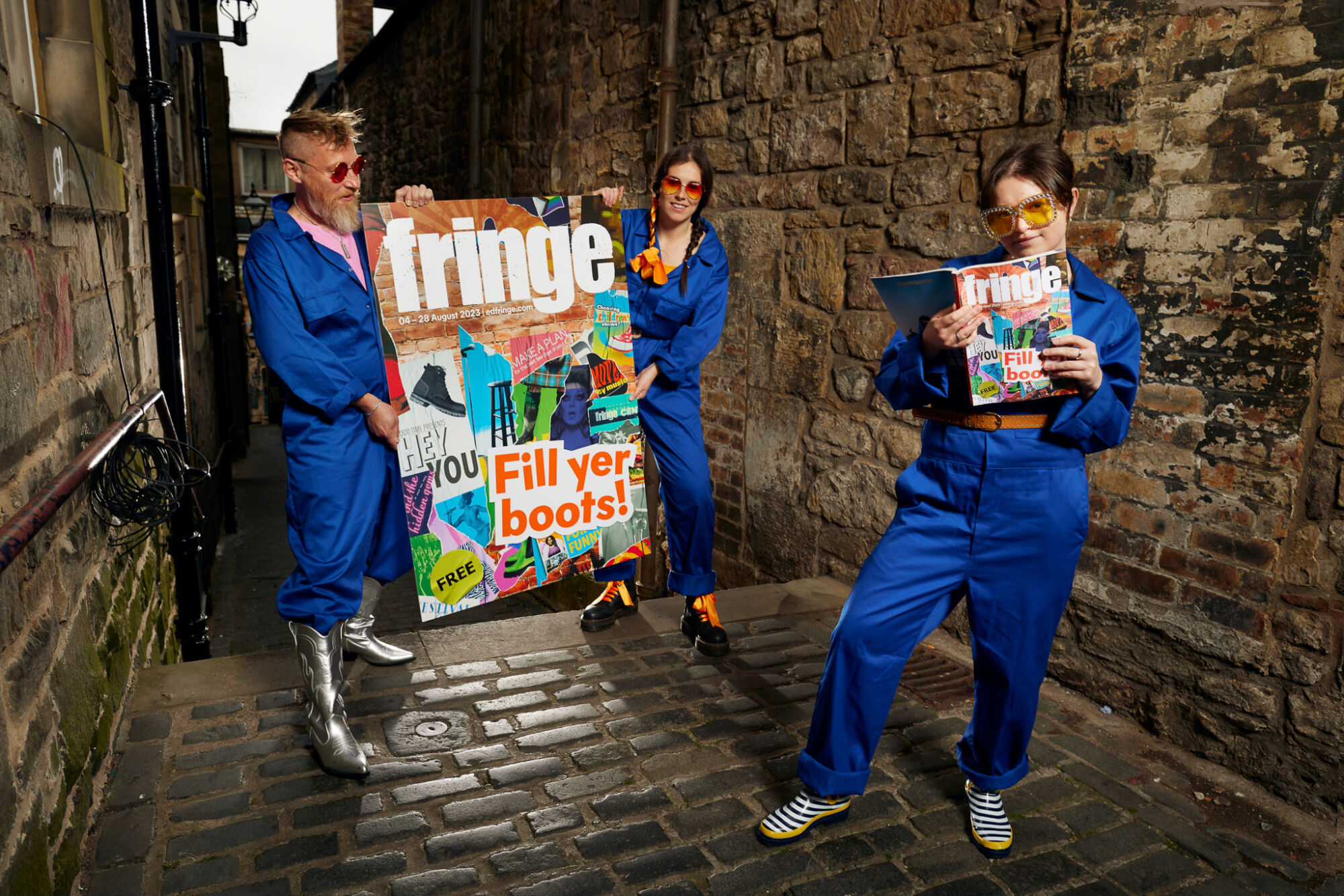 The Wick - [L-R] Cris Peploe, Claudia Cawthorne and Martha Haskins launch the Edinburgh Festival Fringe 2023 Programme.  Photograph by Peter Dibdin