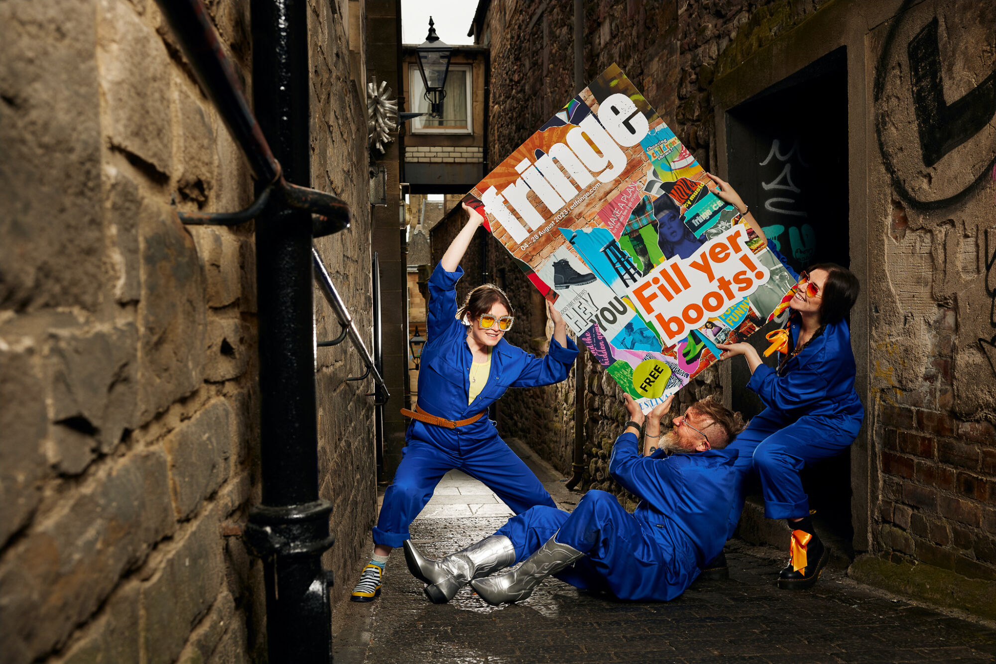 The Wick - [L-R] Martha Haskins, Cris Peploe and Claudia Cawthorne  launch the Edinburgh Festival Fringe 2023 Programme.  Photograph by Peter Dibdin