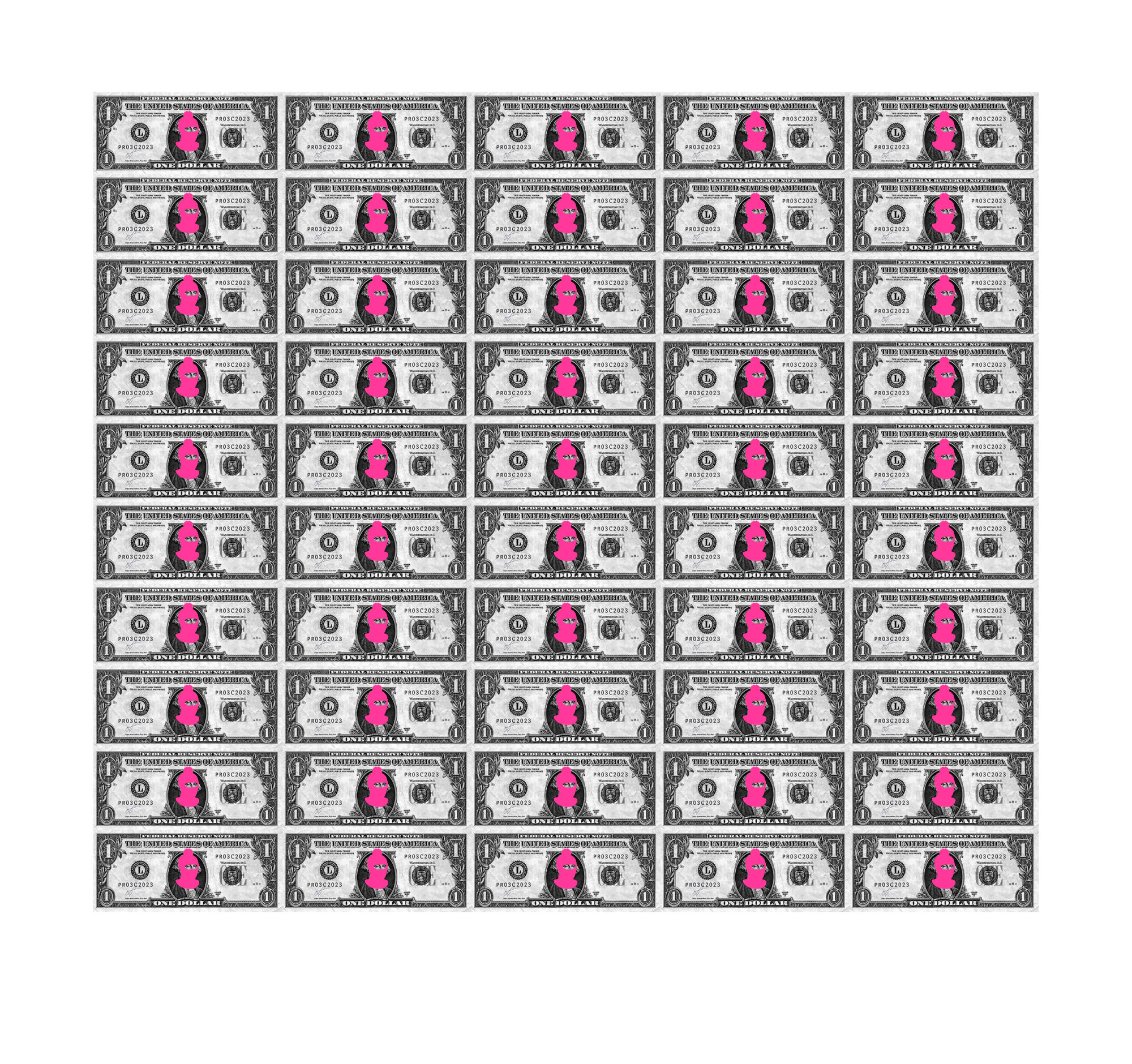 The Wick - ‘50 One Dollar Bills‘ by Pussy Riot (Nadya Tolokonnikova). Edition of 51, Hand-signed and numbered by the artist, 2-layer screen print on Somerset paper, 940mm x 1,000mm (Unframed) £1,312 excl. VAT