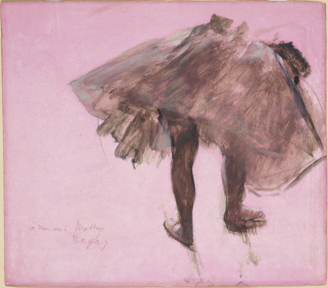 The Wick - Edgar Degas, Dancer Seen from Behind, c. 1873. Essence (diluted oil paint) on prepared pink paper, 28.4 x 32 cm. Collection of David Lachenmann