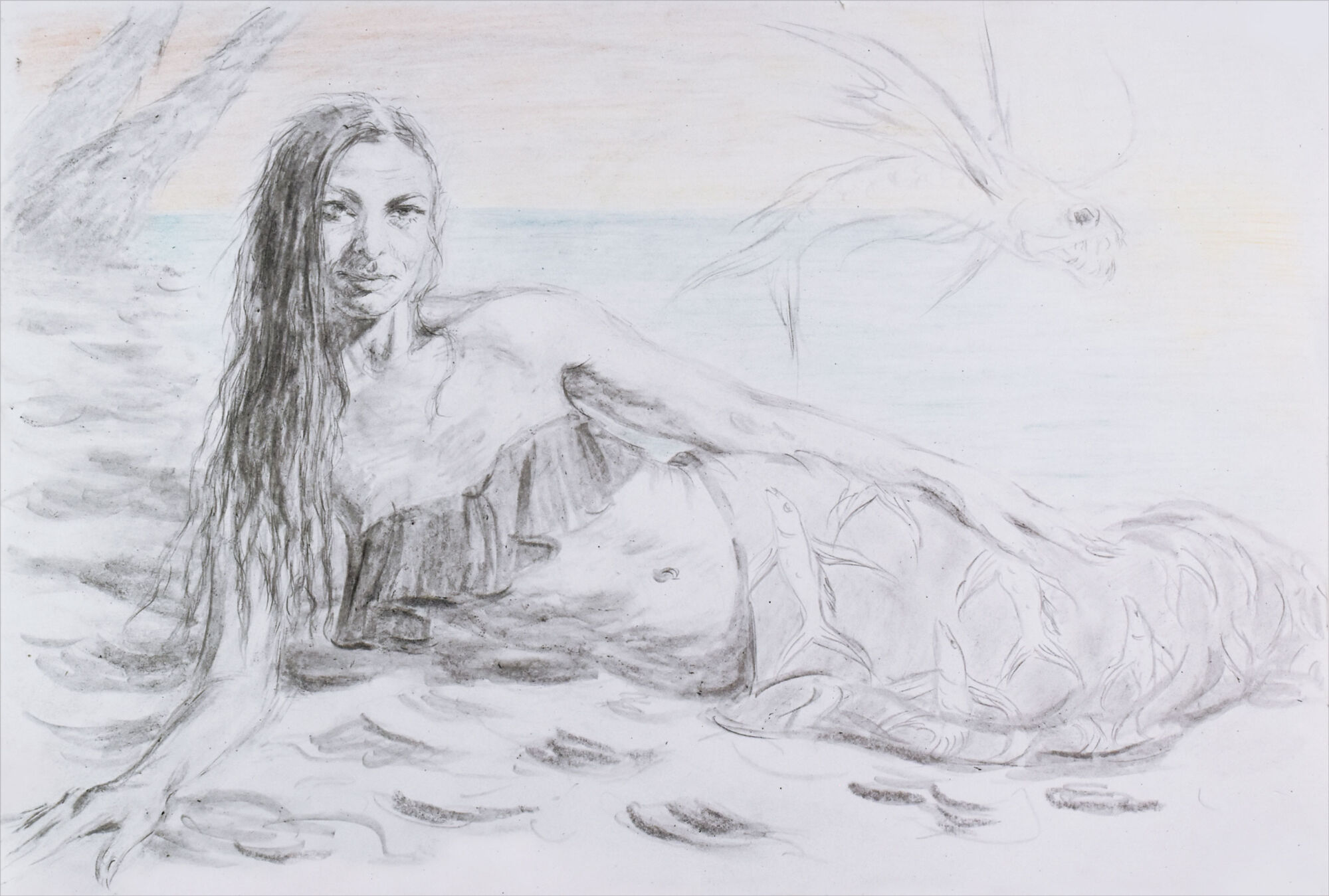 The Wick - Vicky with flying fish, pencil on paper, 2023