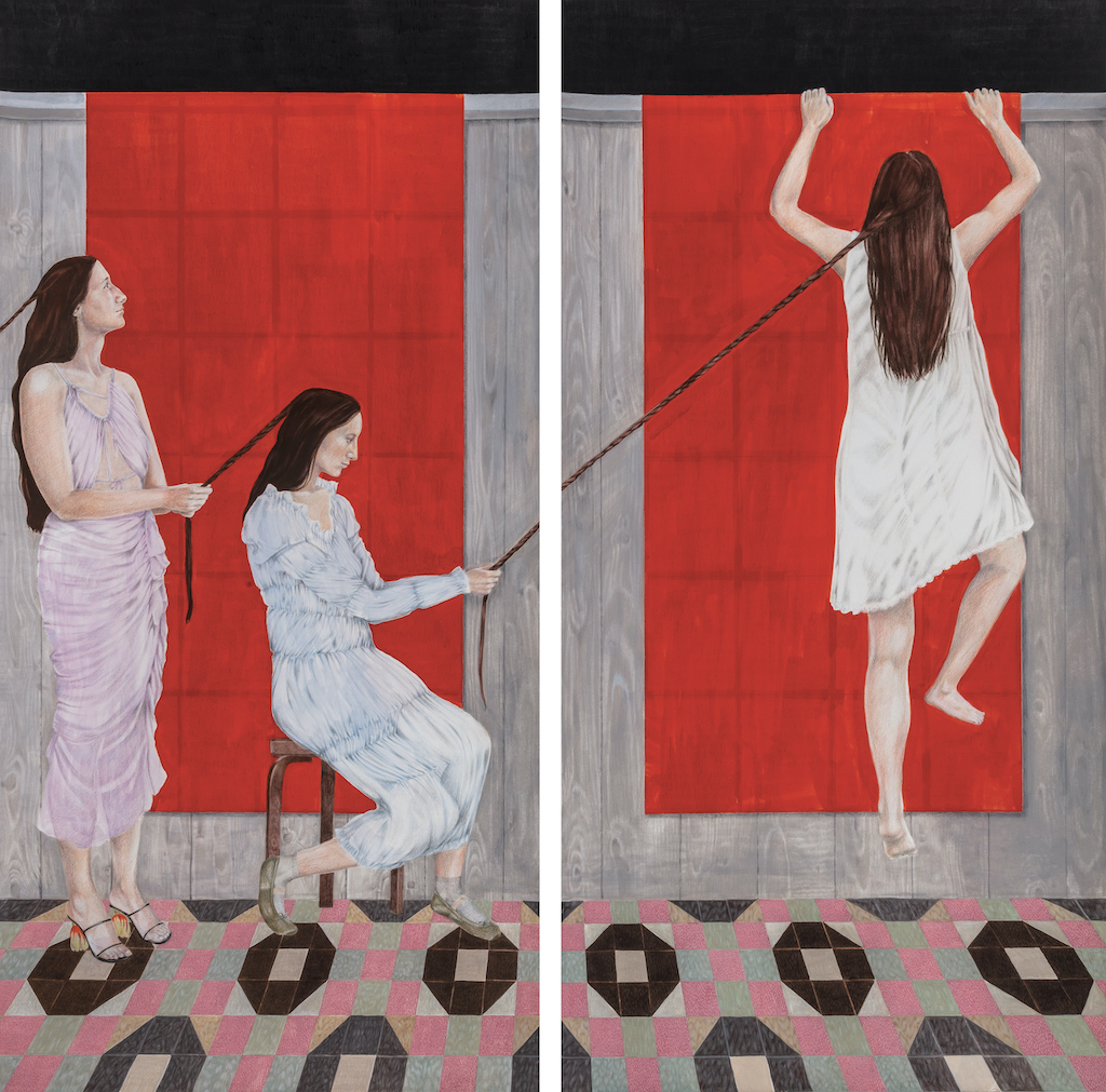 The Wick - Dani Trew, 'A Twitch on the Thread'
Coloured pencil and gouache on paper
101 x 102
large diptych with women plaiting hair