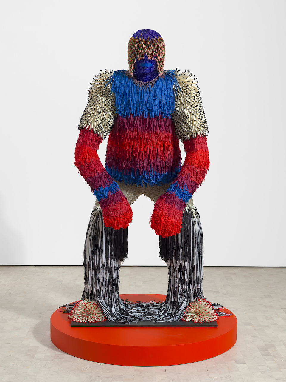 The Wick - Jeffrey Gibson, 'Untitled Figure 1', 2022. Plastic bone pipe beads, fringe, glass beads, artificial sinew, tin cones, sea glass, acrylic felt, steel armature and powder coat varnish, 181.5 x 118 x 83 cm (71 1/2 x 46 1/2 x 32 5/8in). Copyright Jeffrey Gibson. Courtesy the artist and Stephen Friedman Gallery, London and New York. Photo by Todd-White Art Photography.