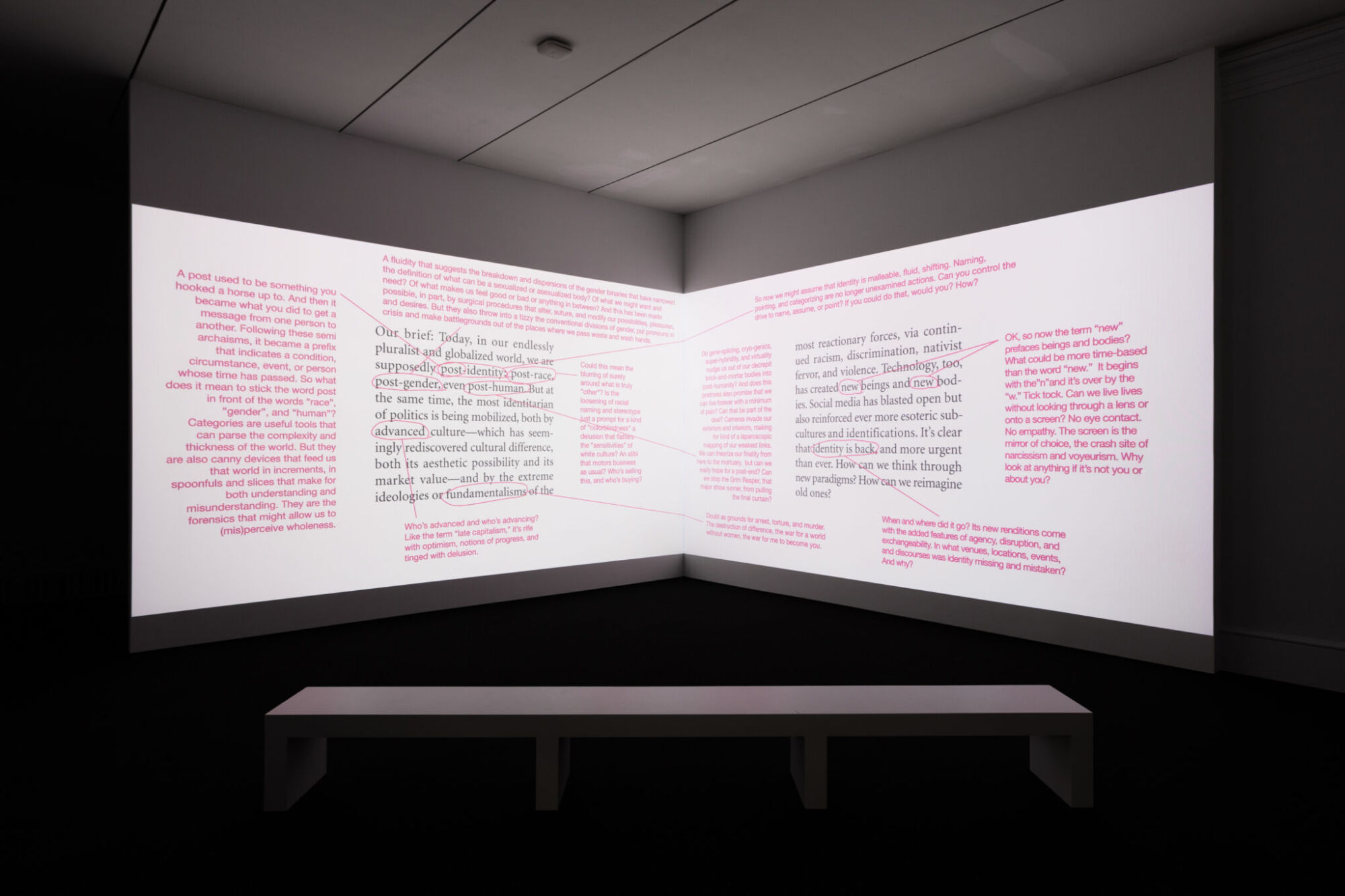 The Wick Culture - Barbara Kruger Untitled (Artforum), 2016/2020 Two-channel video installation, silent, 4 min. 42 sec. Installation view, BARBARA KRUGER: THINKING OF YOU. I MEAN ME. I MEAN YOU. The Art Institute of Chicago – AIC, Chicago, September 19, 2021-January 24, 2022, Courtesy the artist and Sprüth Magers, Photo: The Art Institute of Chicago