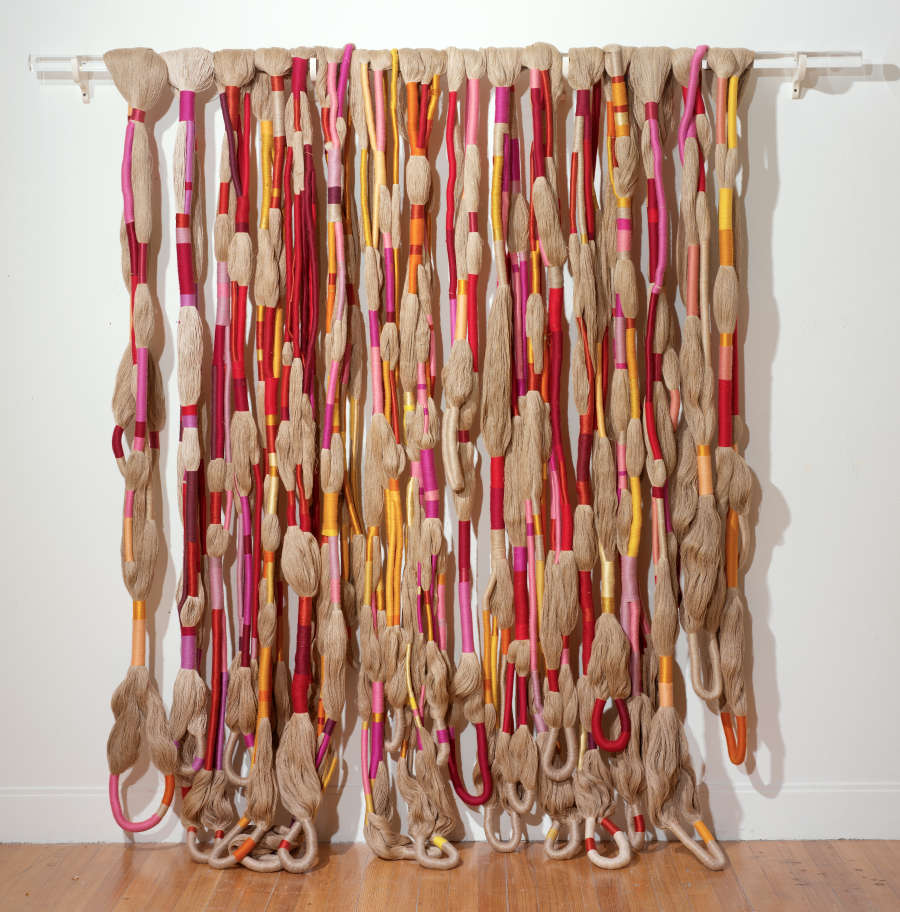 The Wick - Sheila Hicks (American, b. 1934 in Hastings, Nebraska)
The Principal Wife, 1968
Bundled and wrapped linen, rayon and acrylic yarns; Lucite bar
Length: 254 cm (100 inches)
Gift of in memory of Mary Josephine Cutting Blair 2005.42