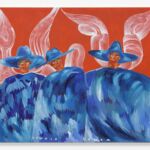 A painting by Studio Lenca of three individuals wearing blue outfits and oversized hats on a red background.