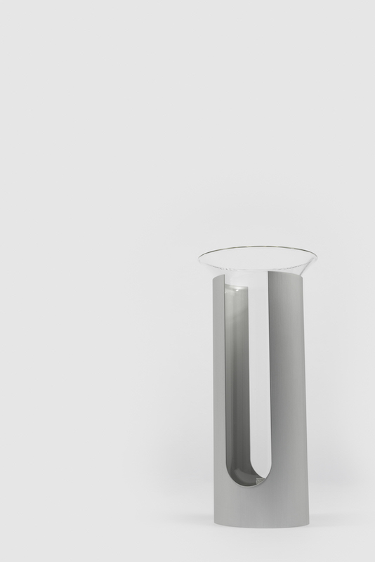The Wick - Camicia. Glass flower vase with aluminium cylinder. Danese Milano. Permanent collection, Triennale Milano.