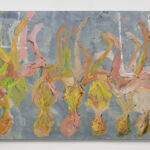 A painting by Georg Baselitz shows six colourful figures of people upside down on a textured blue background.