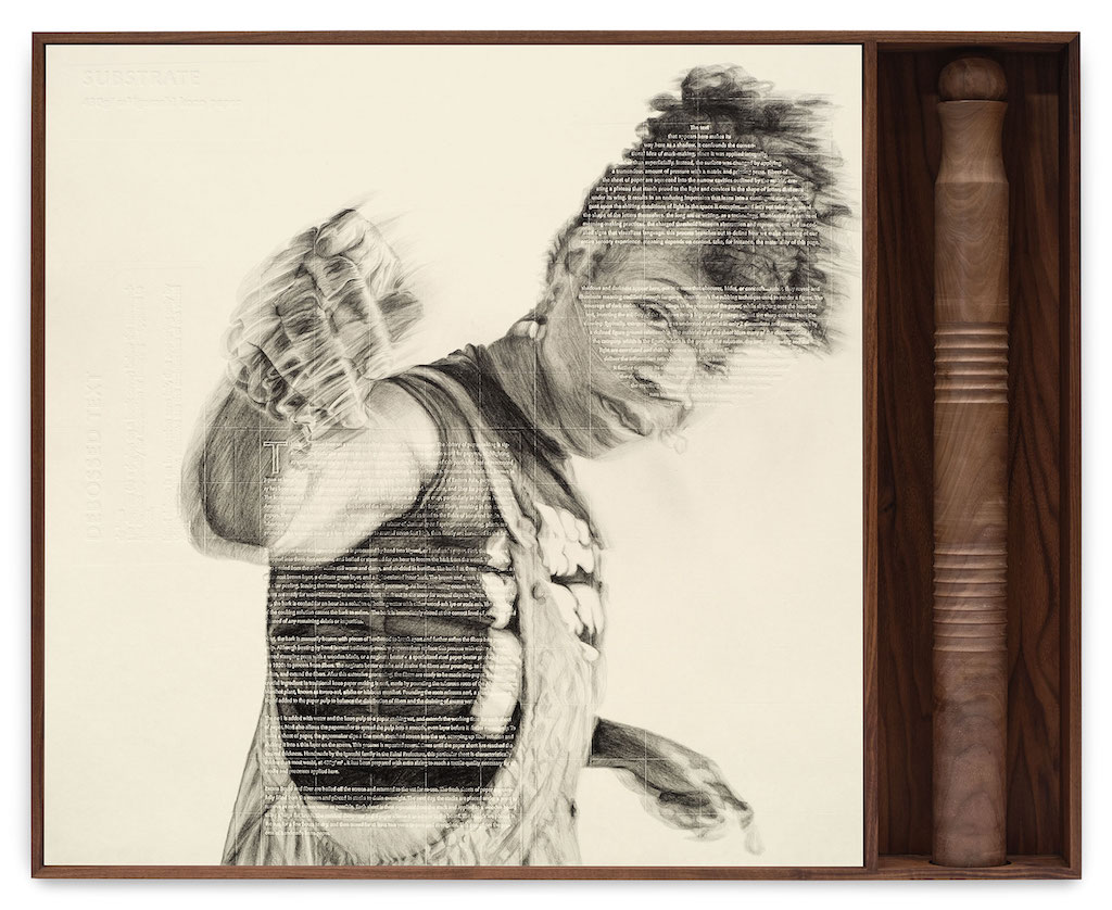 The Wick - Kenturah Davis, 'volume II (marjani)', 2024. Carbon pencil rubbing and debossed text on igarashi kozo paper with a walnut and brass vessel in a walnut frame, 75.6 x 75.6cm (29 3/4 x 29 3/4in) Framed: 78.1 x 98.1cm (30 3/4 x 38 5/8in). Copyright the artist. Courtesy the artist; Stephen Friedman Gallery, London and New York, and Matthew Brown, Los Angeles and New York.
