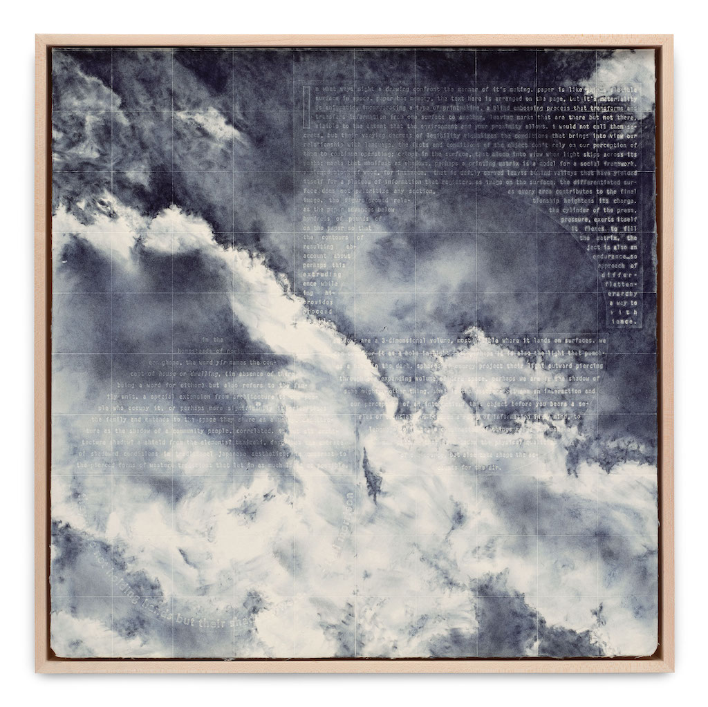 The Wick - Kenturah Davis, 'clouds VI', 2024. Carbon pencil rubbing and debossed text on igarashi kozo paper, 50.8 x 50.8cm (20 x 20in) Framed: 54 x 54cm (21 1/4 x 21 1/4in). Copyright the artist. Courtesy the artist; Stephen Friedman Gallery, London and New York, and Matthew Brown, Los Angeles and New York.