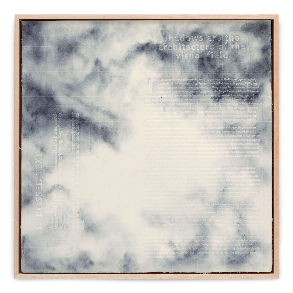 The Wick - Kenturah Davis, 'clouds VIII', 2024. Carbon pencil rubbing and debossed text on igarashi kozo paper, 50.8 x 50.8cm (20 x 20in) Framed: 54 x 54cm (21 1/4 x 21 1/4in). Copyright the artist. Courtesy the artist; Stephen Friedman Gallery, London and New York, and Matthew Brown, Los Angeles and New York.