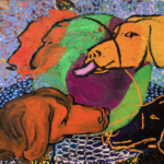 A colourful painting by Oliver Hemsley depicting dogs interacting with one another, one of the dogs has their tongue sticking out.
