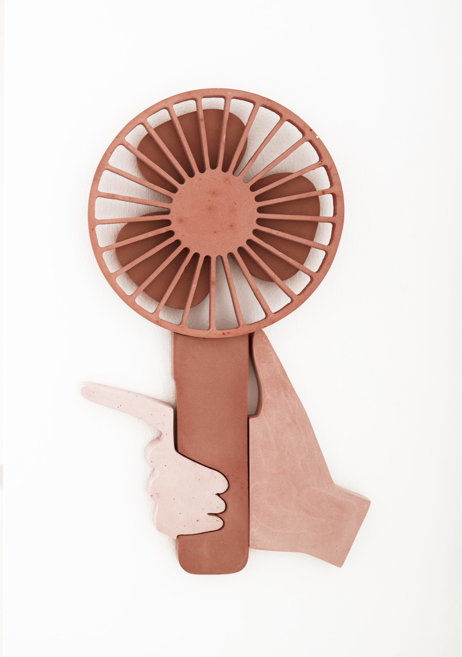 The Wick Culture - Irini Bachlitzanaki, The Calming Hand: The Electric Fan, 2022,  Tinted plaster polymer, 28 x 17 x 1.6 cm 
Image courtesy of the artist and IONE & MANN, London, Photography by Matt Spour 