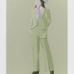 Painting by Donna Huddleston of a brunette figure in white cowboy hat, dressed in a light green suit and dark green boots against a pale grey-green backdrop.