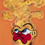 Orange spray painting by artist Olaolu Slawn of cartoon man looking up towards with red clown lips and cheeks