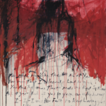 Abstract painting by artist Tracey Emin of a woman with dark hair in a white dress with overlaid text ending in "I followed you to the end," against a red background