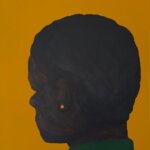 A painting of the back of a woman's head against a bright orange background.