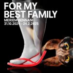 A poster by Meriem Bennani showing a pair of legs wearing long white socks and pink flip flops with half a dogs face beside the flip flops.