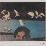 A painting of a half a woman's head submerged under water with white birds flying above.