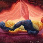 Painting by Ithell Colquhoun detailing various colours and shapes with hues of blue, yellow, pink and red.