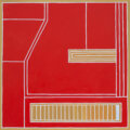 Bright red abstract painting by Nathalie Du Pasquier, with white lines and orange filled-in rectangles