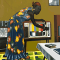 A painting of a woman by Peter Uka, depicting her bending over to fix a retro TV in a living room with yellow walls and patterned carpet. She wears a long navy floral dress and red headscarf.