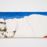 A drawing by Claudette Johnson of a woman lying down on her side in bed set against a blue background.