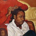 Painting by Barbara Walker of Black woman looking into the distance, with her hair being braided by a someone in a bright red sweater