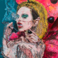 Abstract painting, by LUAP, of a blonde white woman with blue eyeshadow and red lipstick looking at the viewer