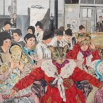 Colourful collage painting by Maria Berrio of a human in a red robe and a cat mask, with multiple people behind