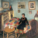 Painting of a woman in all black, sitting on a bed with a colorful quilt