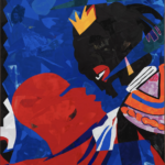 Colourful painting by Hank Willis Thomas of two abstract figures close to kissing, against a blue backdrop