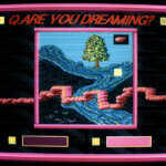 Computer screen appearing like textiles, with the text "Q.ARE YOU DREAMING" with pink outlines and a river streaming down the screen